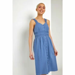 Dusk Blue Shirred Lace Detail Sun Dress