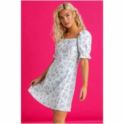 Dusk Blue Print Square Neck Puff Sleeve Tea Dress -Dusk Shop unnamed file 102