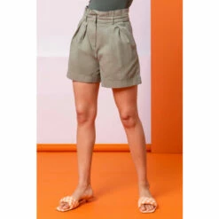 Dusk Green Paperbag Waist Linen Shorts