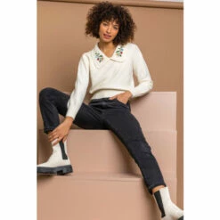 Dusk White Floral Embellished Collar Jumper