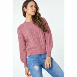 Dusk Pink Crew Neck Cable Knit Jumper