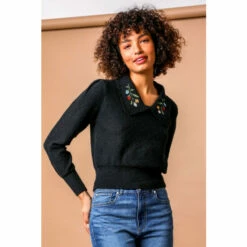 Dusk Black Floral Embroidered Collar Jumper