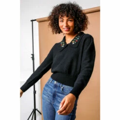 Dusk Black Floral Embroidered Collar Jumper -Dusk Shop unnamed file 1098