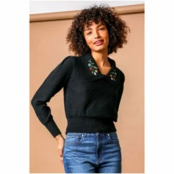 Dusk Black Floral Embroidered Collar Jumper -Dusk Shop unnamed file 1100