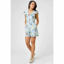 Dusk Blue Floral Print Frill Playsuit