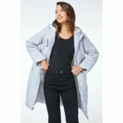 Dusk Grey Hooded Longline Quilted Coat