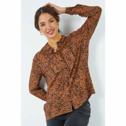 Dusk Brown Animal Print Pocket Detail Shirt