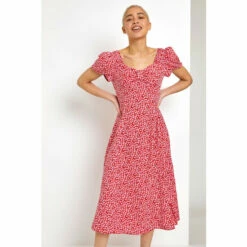 Dusk Red Ditsy Floral Bow Detail Midi Dress