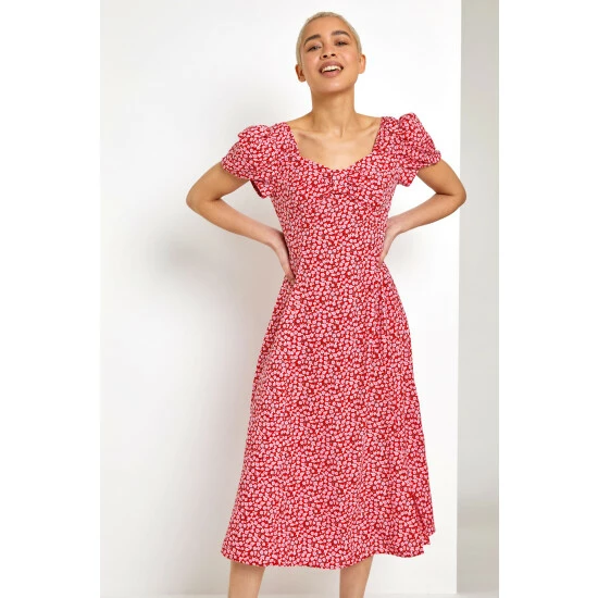 Dusk Red Ditsy Floral Bow Detail Midi Dress 3 Dusk Red Ditsy Floral Bow Detail Midi Dress