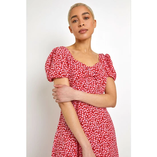 Dusk Red Ditsy Floral Bow Detail Midi Dress 6 Dusk Red Ditsy Floral Bow Detail Midi Dress - Image 4