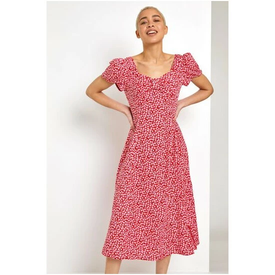 Dusk Red Ditsy Floral Bow Detail Midi Dress 7 Dusk Red Ditsy Floral Bow Detail Midi Dress - Image 5