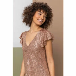 Dusk Red Sequin V-Neck Frill Sleeve Dress -Dusk Shop unnamed file 127