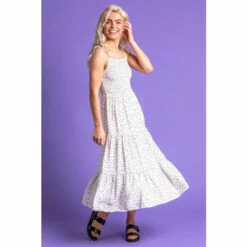 Dusk White Ditsy Spot Print Tiered Dress