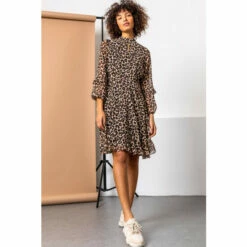 Dusk Brown Animal Frill Detail Chiffon Dress