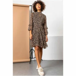 Dusk Brown Animal Frill Detail Chiffon Dress -Dusk Shop unnamed file 179