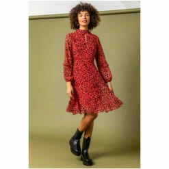 Dusk Brown Animal Frill Detail Chiffon Dress -Dusk Shop unnamed file 180