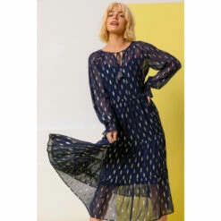 Dusk Blue Foil Print Shimmer Tiered Dress