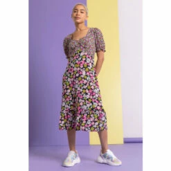 Dusk Pink Contrast Floral Print Tea Dress