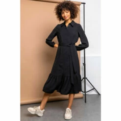 Dusk Black Tiered Midi Length Shirt Dress