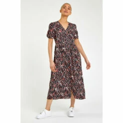 Dusk Red Multi Geo Print Button Through Midi Dress