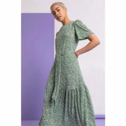 Dusk Green Ditsy Daisy Print Belted Dress