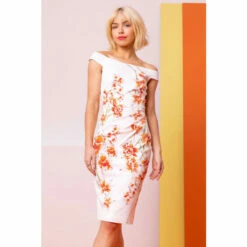 Dusk White Bardot Floral Print Fitted Dress