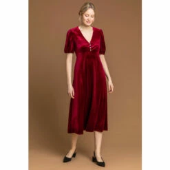 Dusk Red Velvet Button Detail Fit & Flare Dress