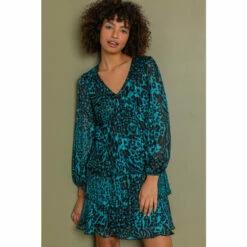 Dusk Blue Tiered Satin Animal Print Dress
