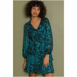 Dusk Blue Tiered Satin Animal Print Dress -Dusk Shop unnamed file 331
