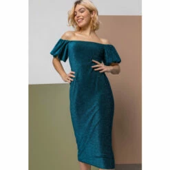 Dusk Blue Puff Sleeve Sparkle Midi Dress