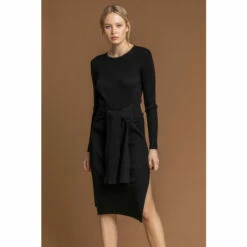 Dusk Black Side Split Belted Knit Dress