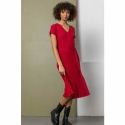 Dusk Red Belted Wrap Pleated Knit Dress