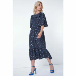 Dusk Navy Blue Polka Dot Print Yoke Maxi Dress
