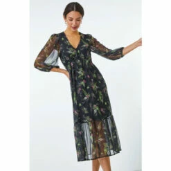 Dusk Black & Green Floral Print Stretch Midi Dress