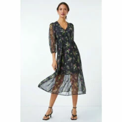 Dusk Black & Green Floral Print Stretch Midi Dress -Dusk Shop unnamed file 408
