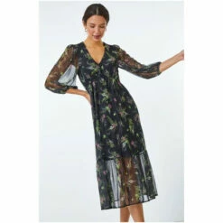 Dusk Black & Green Floral Print Stretch Midi Dress -Dusk Shop unnamed file 410