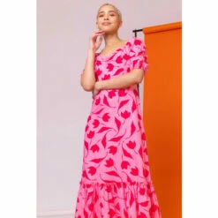 Dusk Pink Frill Detail Contrast Floral Dress