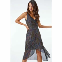 Dusk Black Multi Metallic Stripe Frill Hem Midi Dress