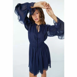 Dusk Blue Chiffon Spot Print Frill Dress