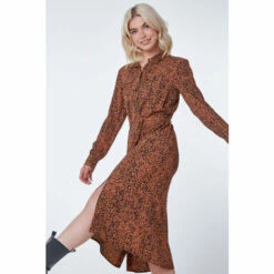 Dusk Brown Animal Print Midi Long Sleeve Shirt Dress