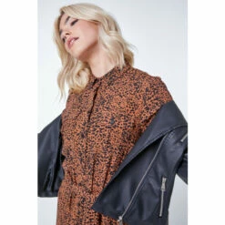 Dusk Brown Animal Print Midi Long Sleeve Shirt Dress -Dusk Shop unnamed file 553