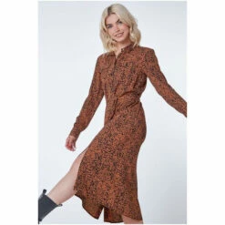 Dusk Brown Animal Print Midi Long Sleeve Shirt Dress -Dusk Shop unnamed file 555
