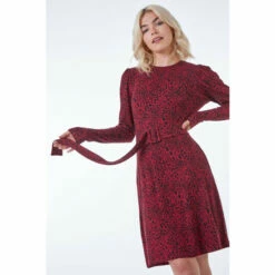 Dusk Red Animal Print Belted Fit & Flare Dress