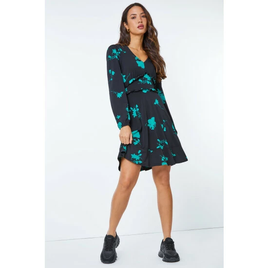 unnamed-file-596.jpg Dusk Black & Teal Green Floral Frill Detail Fit & Flare Dress -Dusk Shop unnamed file 596