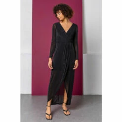 Dusk Black Shimmer Wrap Fitted Maxi Dress
