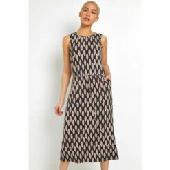 Dusk Black Abstract Print Drawcord Midi Dress