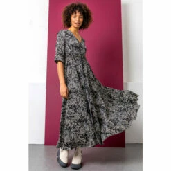 Dusk Black Floral Print Shirred Waist Maxi Dress