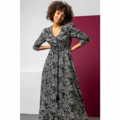 Dusk Black Floral Print Shirred Waist Maxi Dress -Dusk Shop unnamed file 667