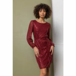 Dusk Red Belted Sequin Sheer Sleeve Dress 4 Dusk Red Belted Sequin Sheer Sleeve Dress -Dusk Shop unnamed file 673