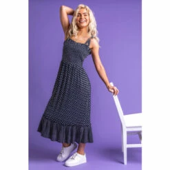 Dusk Navy Frilled Hem Spot Print Maxi Dress